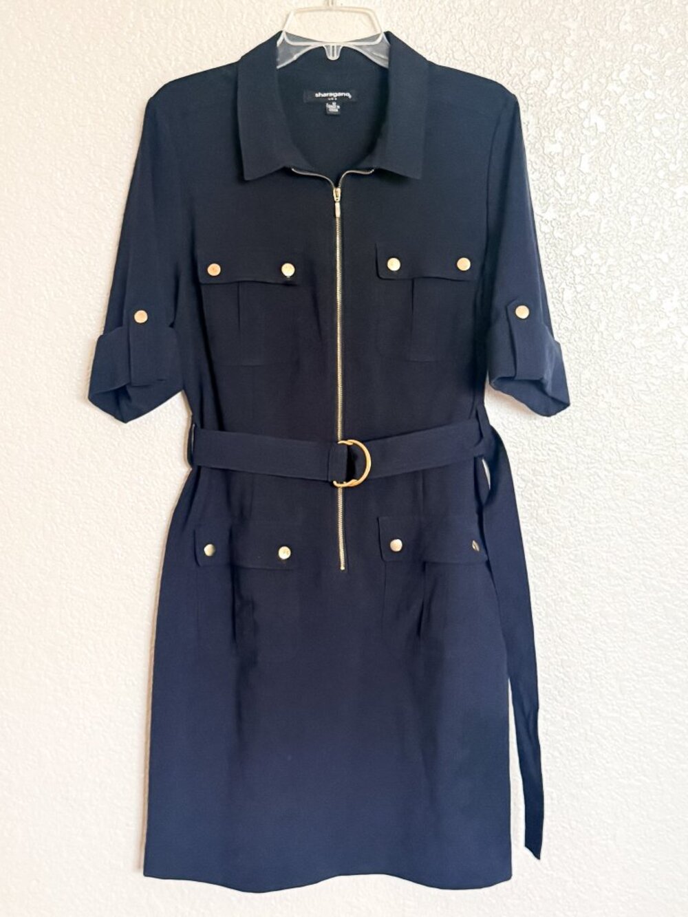 Sharagano Zip-Up Utility Shirt Dress Women's 12 Navy Belted Roll-Tab Sleeves